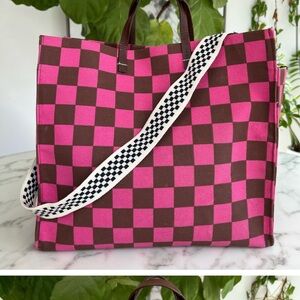 CLARE V. X MONOPRIX Limited Edition Simple Tote Checkered Canvas Pink Brown